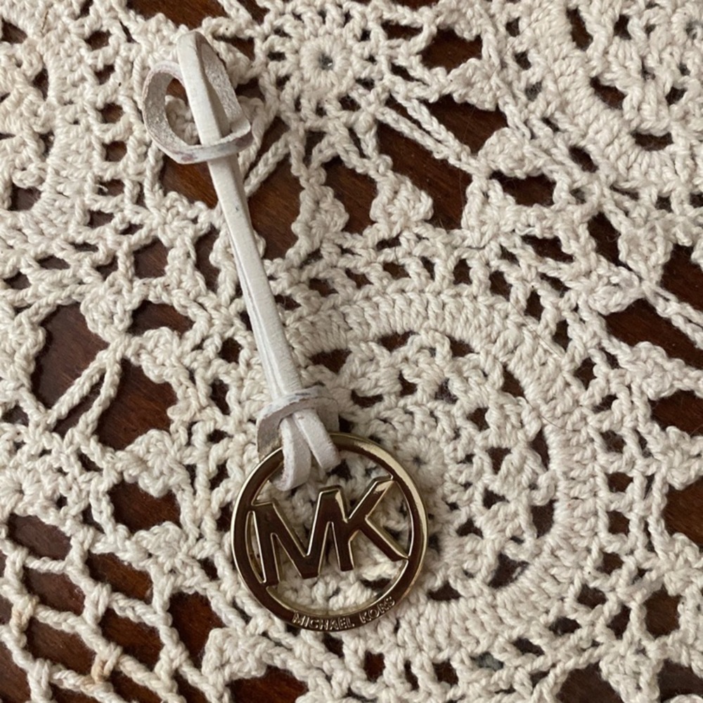 Michael Kors MK Gold Logo Purse Charm Hanging Leather Fob off white